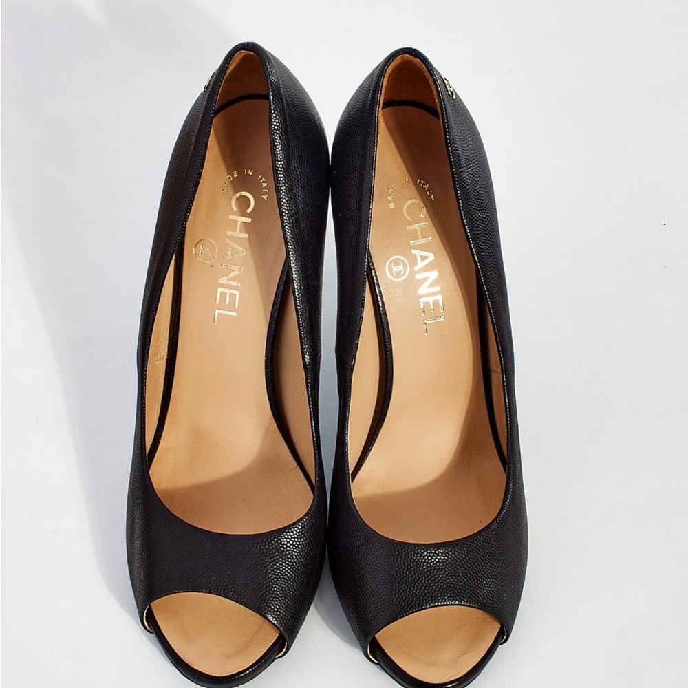 CHANEL Black Peep Toe Heels logo leather